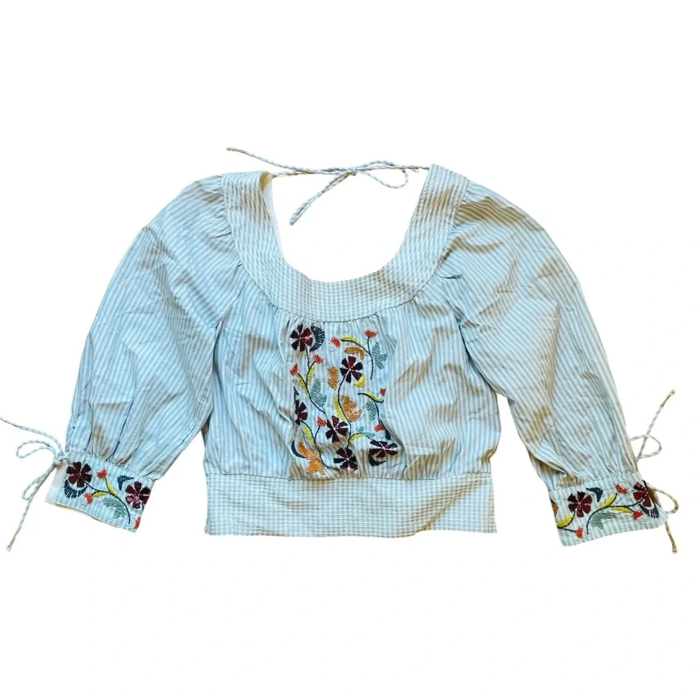 ANTHROPOLOGIE | Beaded Puff-Sleeved Blouse Blue White Small Fairycore Coquette